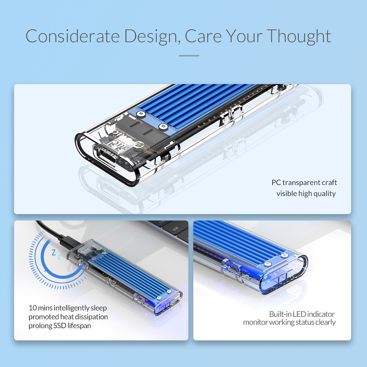 Orico M.2 NVMe SSD to USB Type C Transparent Enclosure - Silver (TCM2-C3-SV)