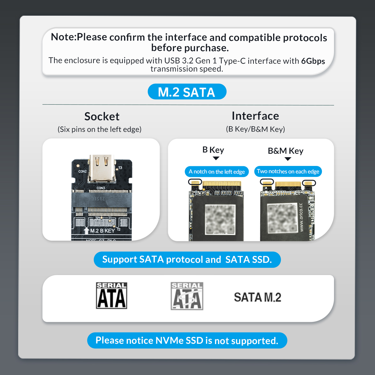  ORICO M.2 SSD Enclosure 6Gbps M.2 SATA to USB-C